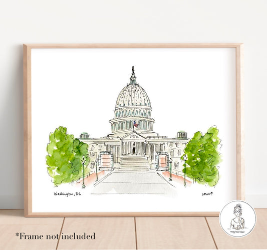 Washington, DC - US Capitol Building. Watercolor and Ink Print