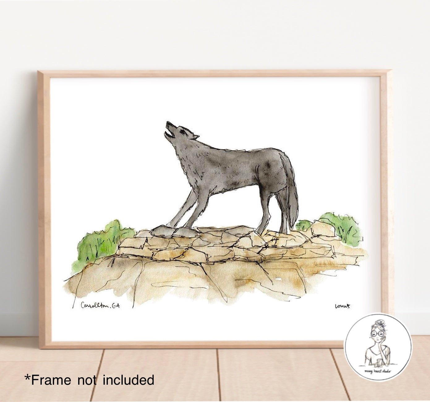 Carrollton, GA - Wolf Statue. Waterolor and Ink Print