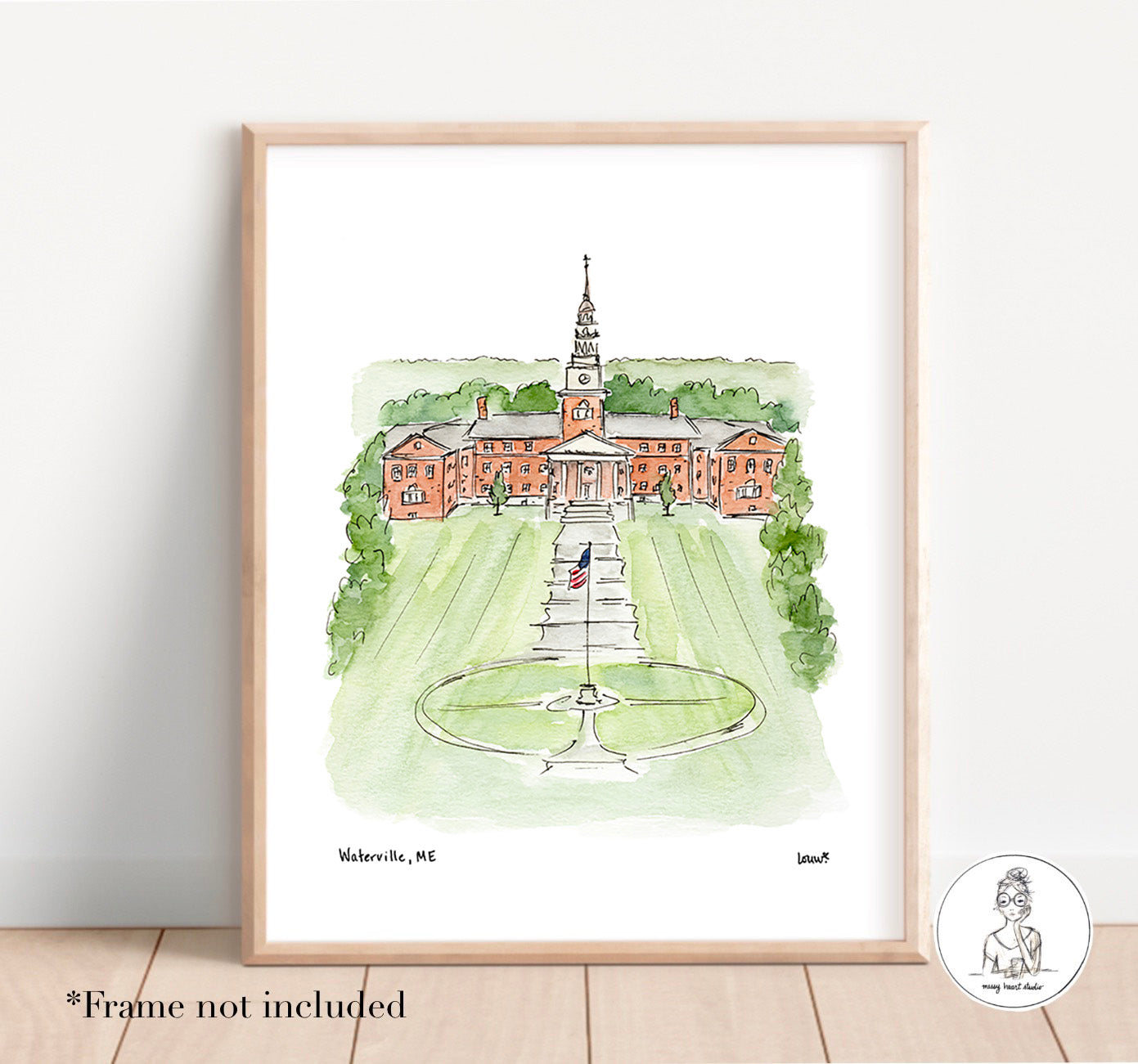 Waterville, ME - Campus Art. Watercolor and Ink Print