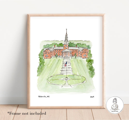 Waterville, ME - Campus Art. Watercolor and Ink Print