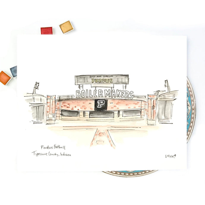 Purdue Boilers stadium watercolor and ink illustration print 8x10 or 11x14